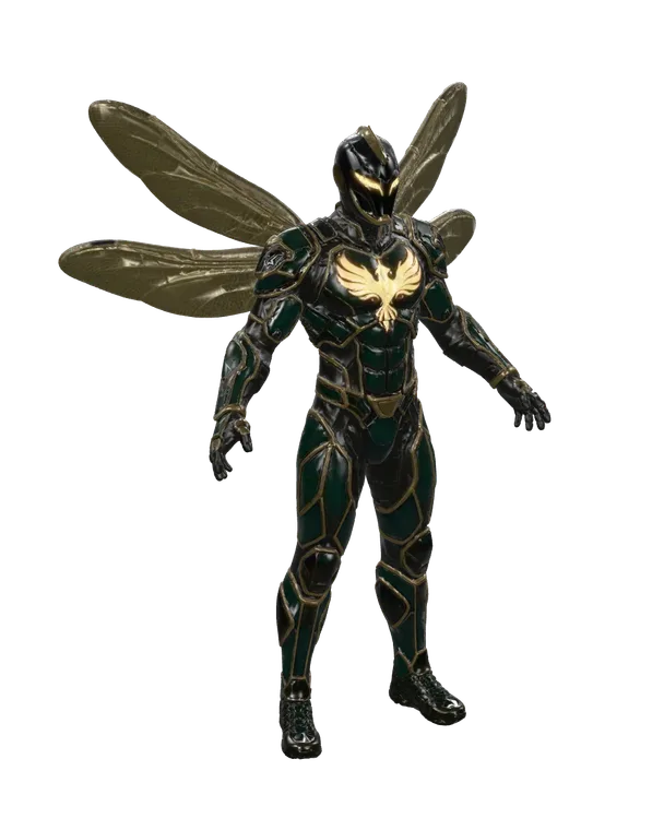 Emerald and gold armoured sentinel with four wings, 3D model