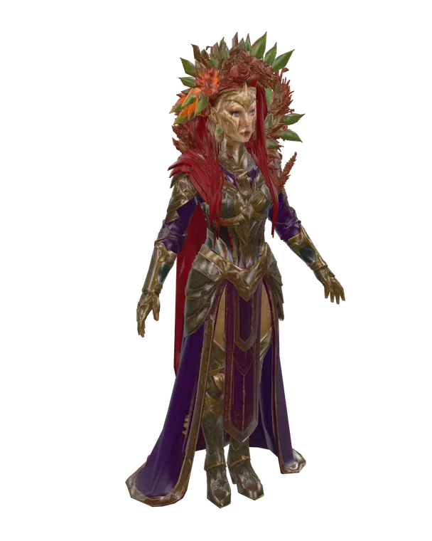 Queen in a carved floral crown and flowing gown, 3D model