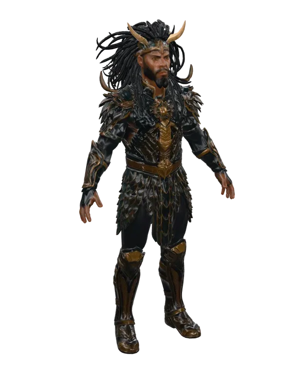Horned warrior king in bronze and teal armour, 3D model