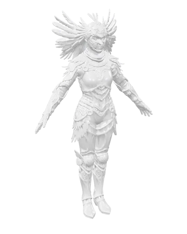 Winged sentinel in carved white armour, 3D model