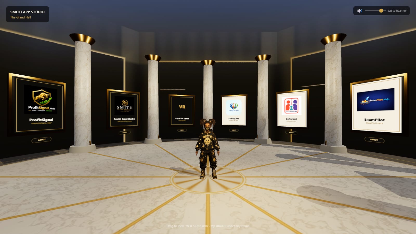 The Grand Hall — a marble and gold VR showroom with columns, framed app displays, and an AI guide standing on a gold medallion