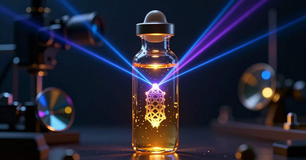 A glass vial of glowing amber resin in a dark optics lab, blue and violet laser beams converging on a lattice-shaped object forming inside it
