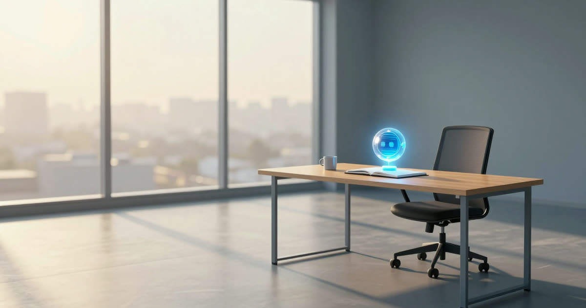 A bright, empty office desk by a tall window over a hazy city, with a small glowing AI assistant orb beside an open notebook and coffee mug