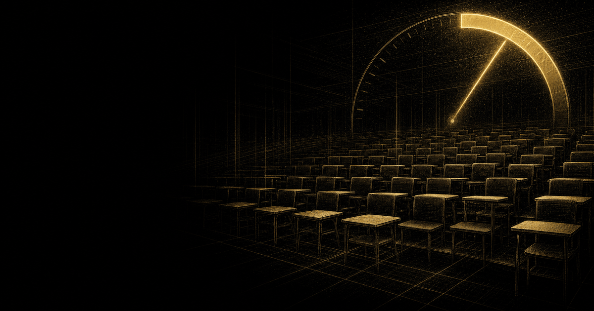 A dark lecture hall of empty desks drawn in fine gold line work beneath a partly lit clock arc