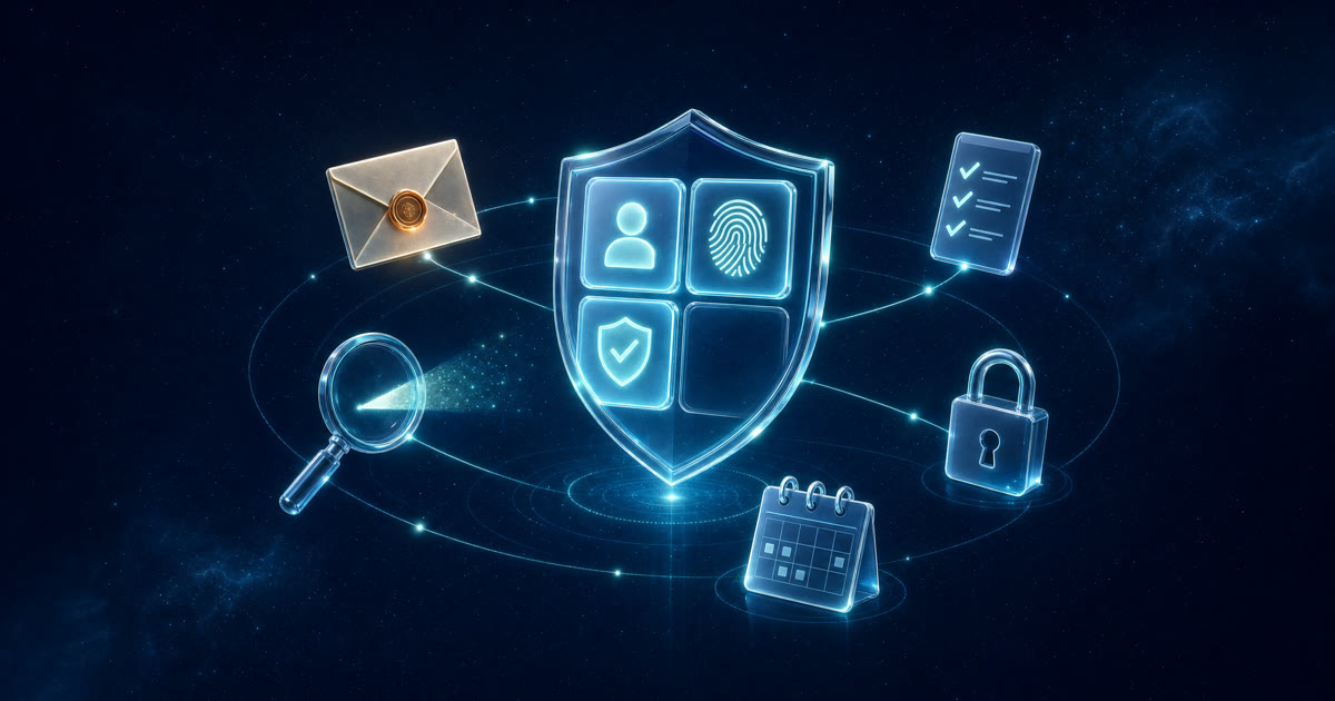 A glowing glass shield of four tiles, one still empty, linked by light to an envelope, checklist, padlock, calendar and magnifying glass