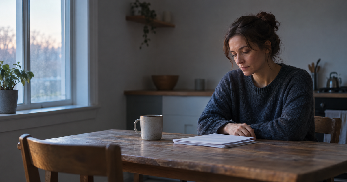 A person sitting alone at a kitchen table in the early morning with a mug and papers
