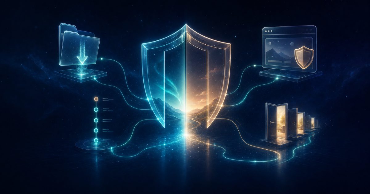 A glass shield split into teal and amber halves, linked by light to a download folder, an activity timeline, a protected browser window and open doorways