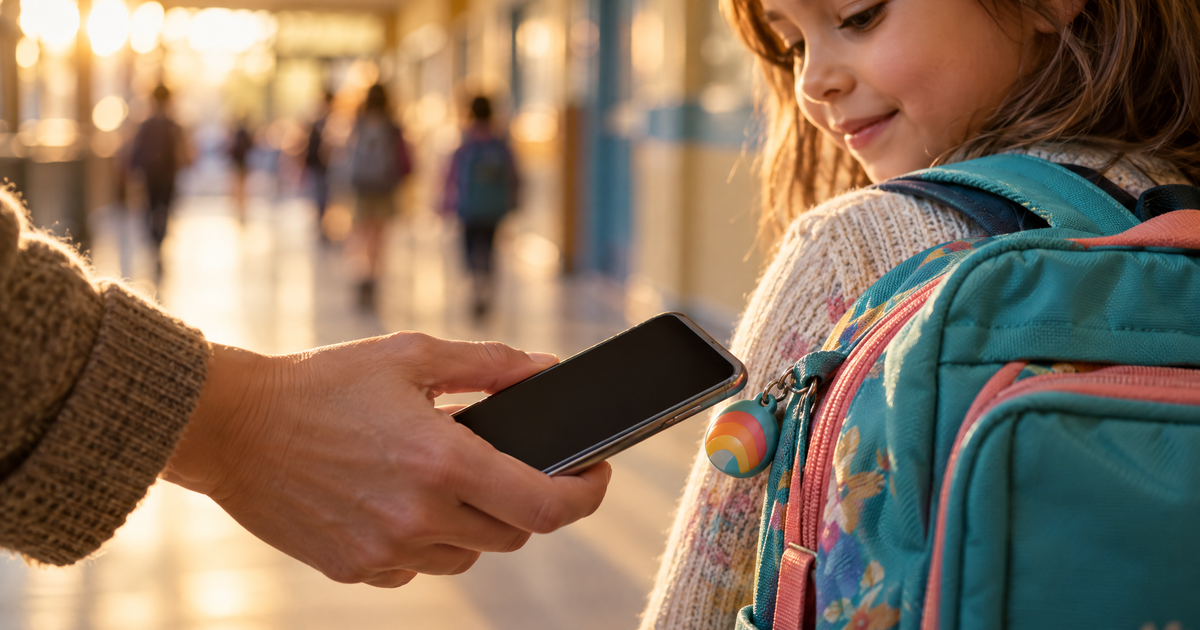 An adult taps a phone against a small colourful safety fob clipped to a child's backpack