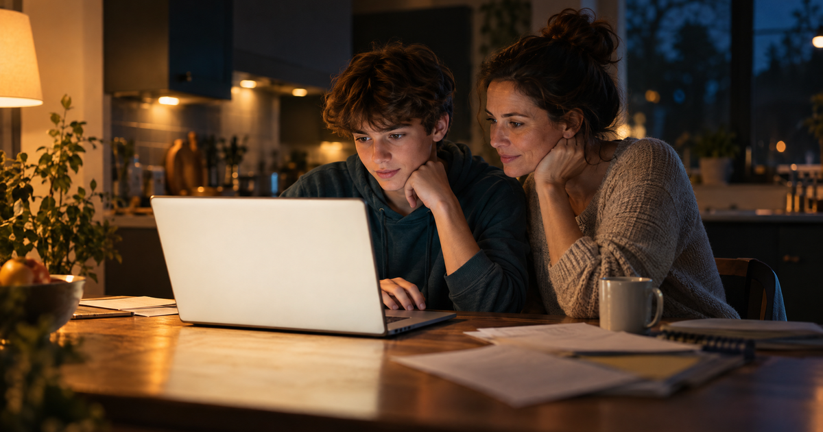 A student and a parent working together at a kitchen table late at night