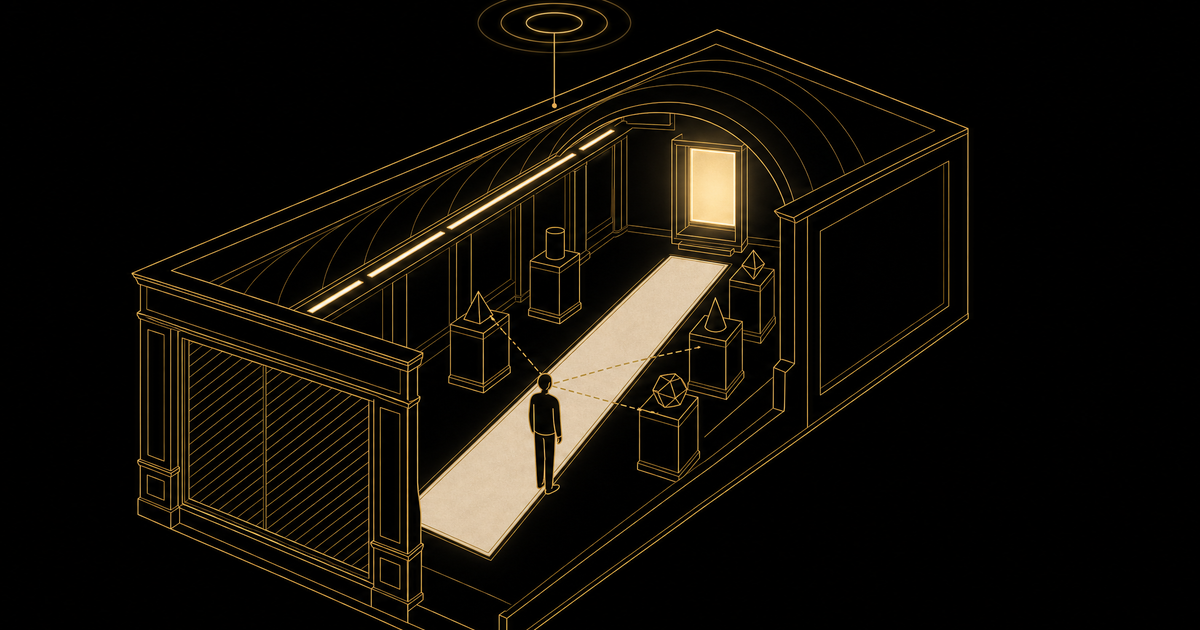 An isometric gold line drawing of a boutique cut away, a visitor on the runner and dashed sight-lines reaching products on plinths