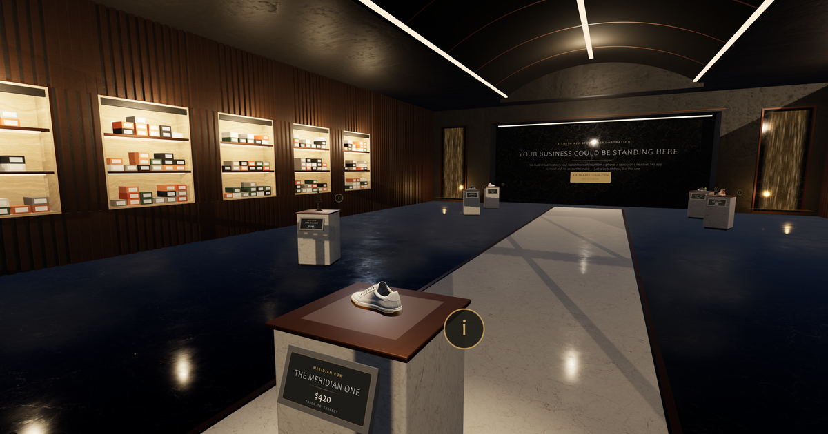 A sneaker on a lit plinth in a dark walnut boutique — Smith App Studio Journal