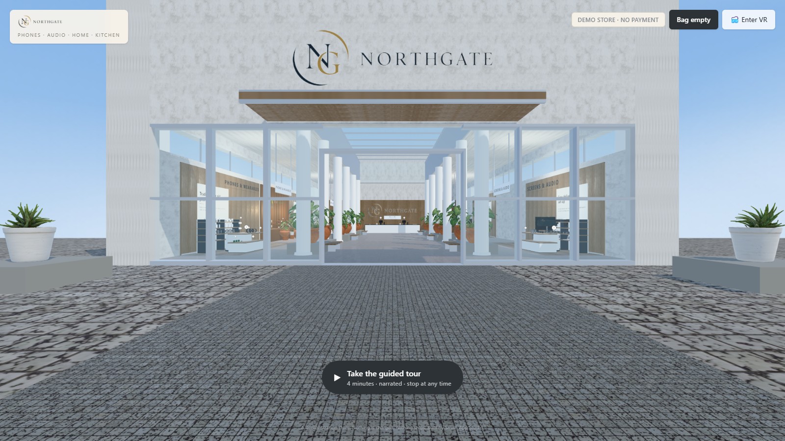 Northgate — a daylight department store forecourt with a glazed shopfront, white columns and the NG wordmark, built by Smith App Studio