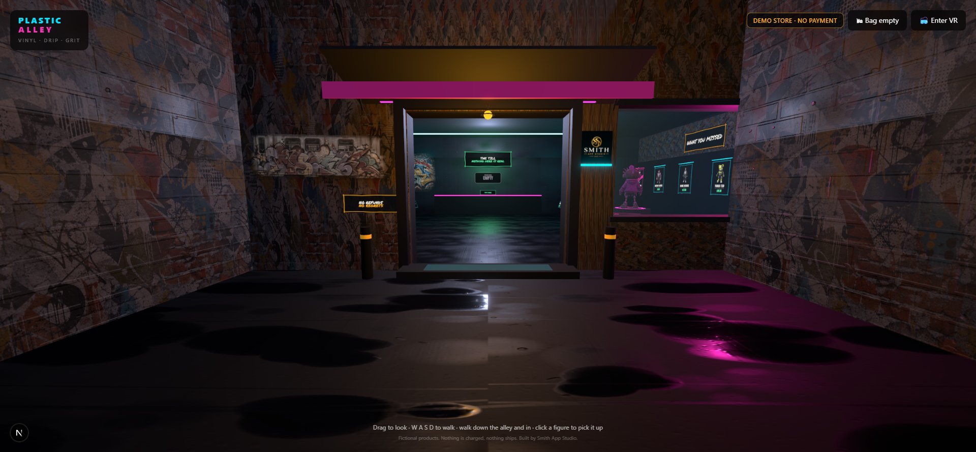 Plastic Alley — a neon-lit night alley opening into a walkable vinyl-toy storefront built by Smith App Studio