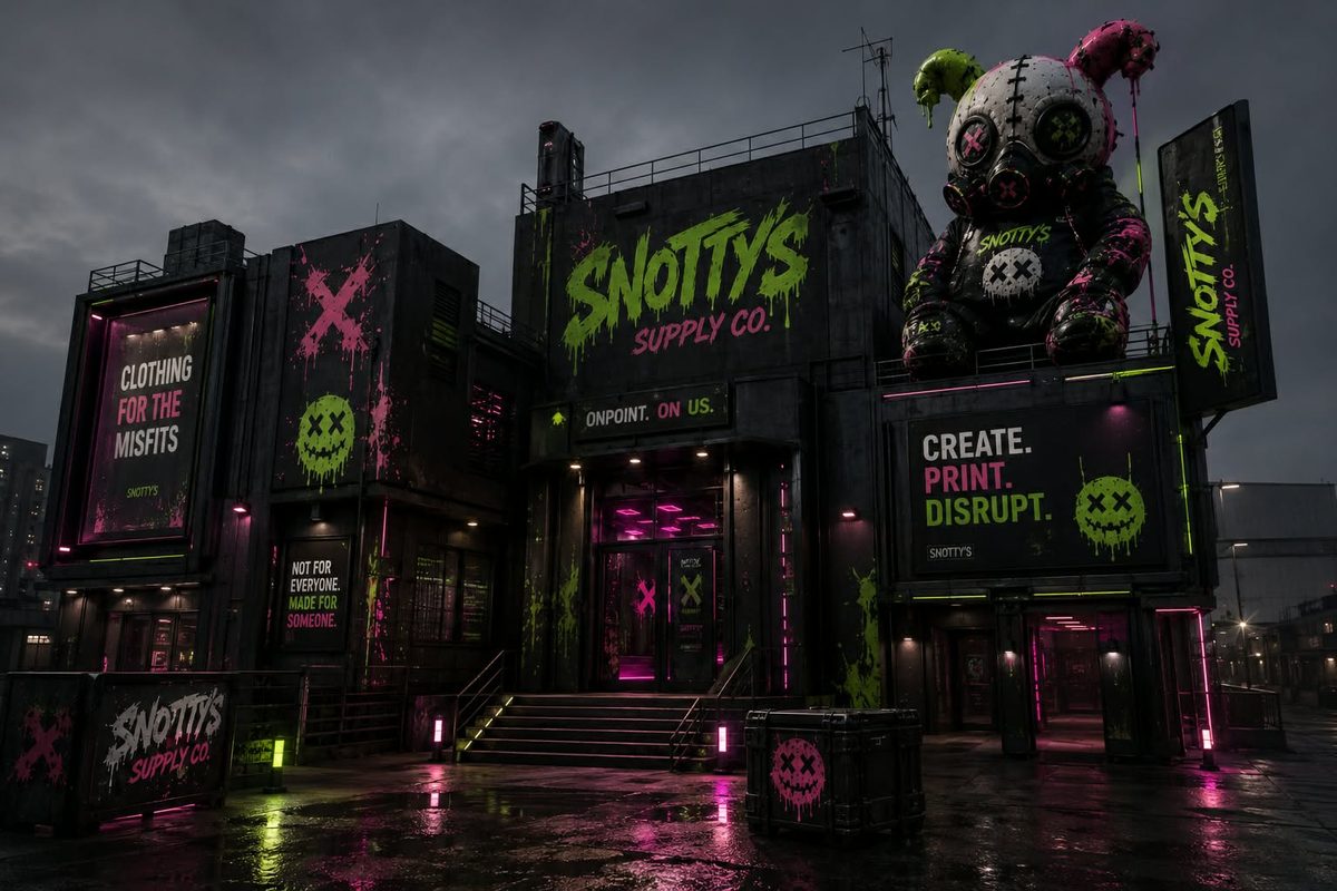 A neon-lit walkable VR storefront — Snotty's Supply Co. flagship, built by Smith App Studio