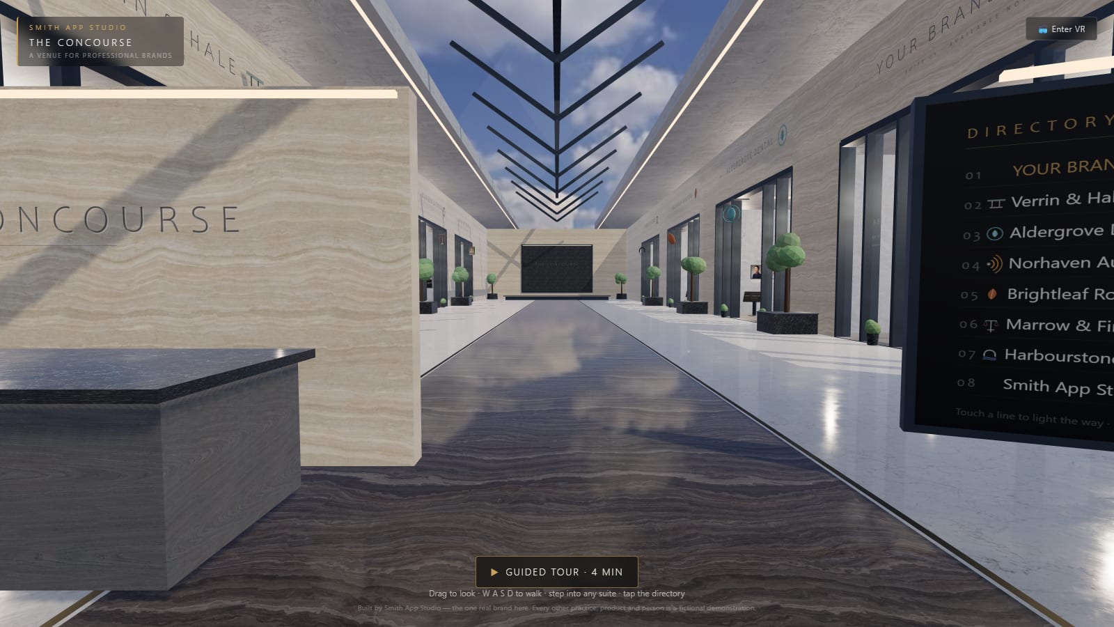 The Concourse — a daylit stone-and-glass hall with brand suites, trees, and rotating 3D logo signs, built by Smith App Studio